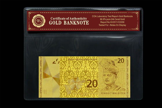 Malaysia 20 Ringgit Embossed di 24 Karat Emas Murni uang kertas plastik Holder Pack