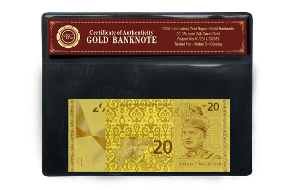 Malaysia 20 Ringgit Embossed di 24 Karat Emas Murni uang kertas plastik Holder Pack